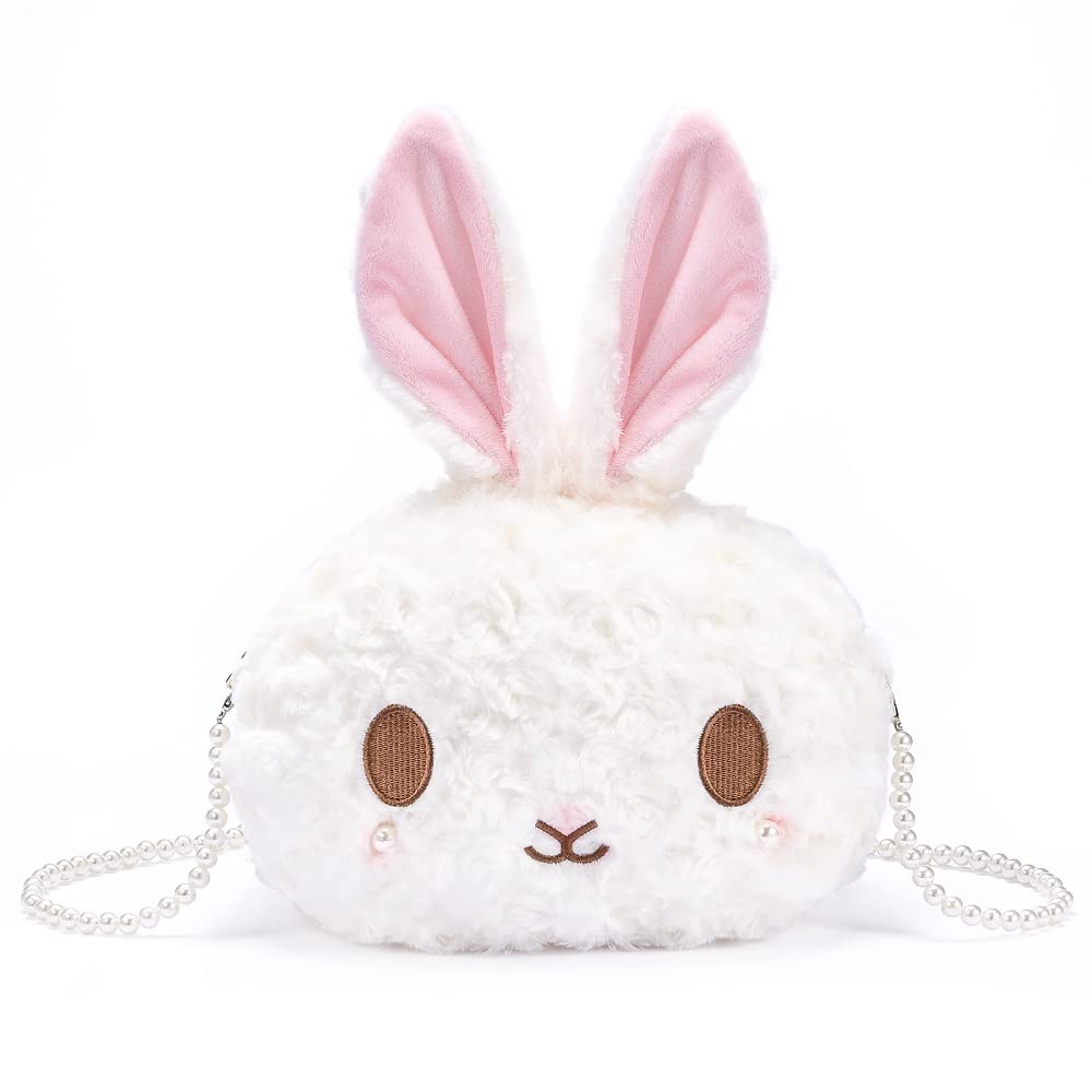 kawaii bunny Crossbody bag,cartoon Plush Rabbit wallets,cute Lolita Handbag for women, Lovely Fluffy animal purse (pearl chain) white