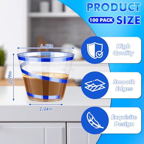 Dualshine 100 PCS Blue Rimmed Swirl Clear Plastic Cups, 9 oz Disposable Plastic Wine Glasses, Heavy Duty Cocktail Glasses ...
