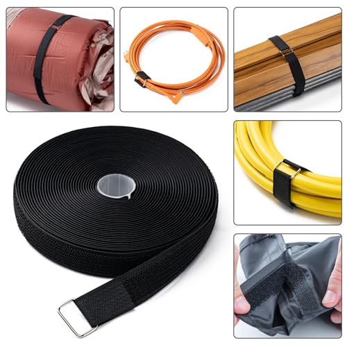 1" x16Ft Hook and Loop Straps with 25 Metal Buckles, Adjustable Fastening Cable Straps, Free Cut Length, Reusable Nylon Ca...