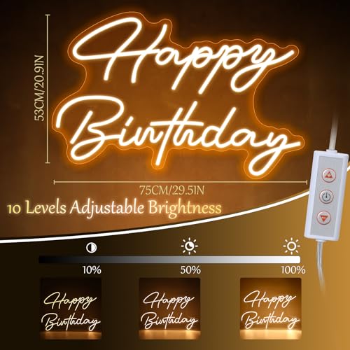 Tujoe 30" x 21" Happy Birthday Neon Sign Large Happy Birthday LED Neon Light Signs with Dimmable Switch 12V Power Adapter ...