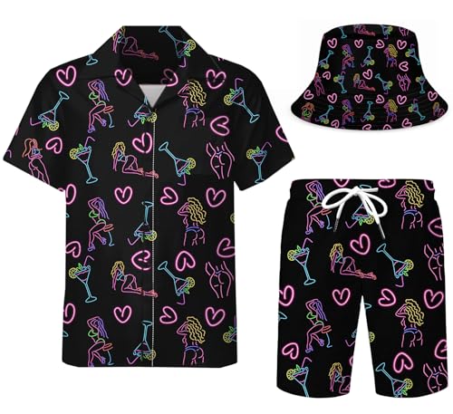 DOOPCCOR Men's 3 Piece Tracksuit Cuban Collared funny Hawaiian Shirt Shorts Button Down Sets With Bucket Hats