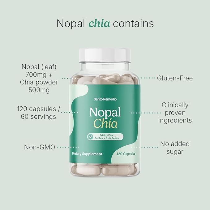 Santo Remedio Nopal Chia, Prickly Pear Cactus and Chia Powder Dietary Supplement, Clinically Proven Ingredients, Gluten Free, Non-GMO, No Added Sugar, 120 Capsules, 60 Servings Per Container