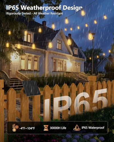 Brightown 100FT Solar String Lights Outdoor Waterproof with Remote, 31+2 LED Shatterproof Bulbs, Dimmable & Timable, 3 Lig...