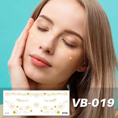 10Pcs Gold Glitter Star Freckles Tattoo Sticker,Faux Freckle Patches Waterproof Temporary Tattoos Heart Design,Gold Glitte...
