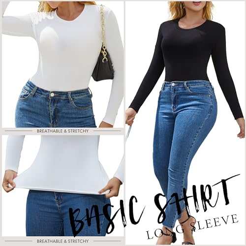 Chongbaijia 5 Pack Long Sleeve Shirts for Women Crew Neck Basic T Shirt Fall Stretch Tight Fitted Thermal Shirts Fashion Tops