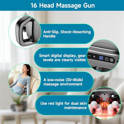 16-Head Massage Gun, 3 Modes & 30 Levels, Electric Massage Tool for Shoulder, Waist, Legs, Back Massager for Pain Relief D...