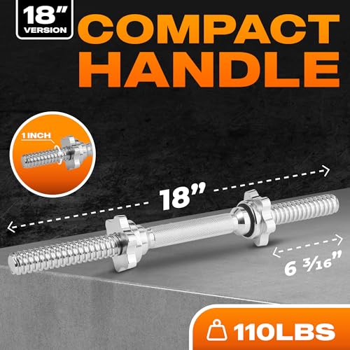 Yes4All Pair of Threaded Dumbbell Handles with Collars 14/16/18/24 inch, Chrome/Rubber Grip, Fit 1”/ 1.15" Plates, Weight ...