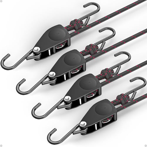 Fondwell 1/4" Rope Tie Downs Ratchet: 4 Pack of Kayak Storage Straps Heavy Duty - Ratcheting Cargo Straps for Various Hang...