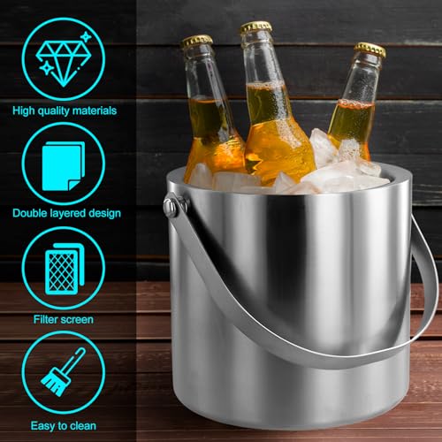 Abizarch Ice Bucket with Lid Strainer Tong,2QT Double Walled Stainless Steel Insulated Ice Bucket Container,Good Sealing I...
