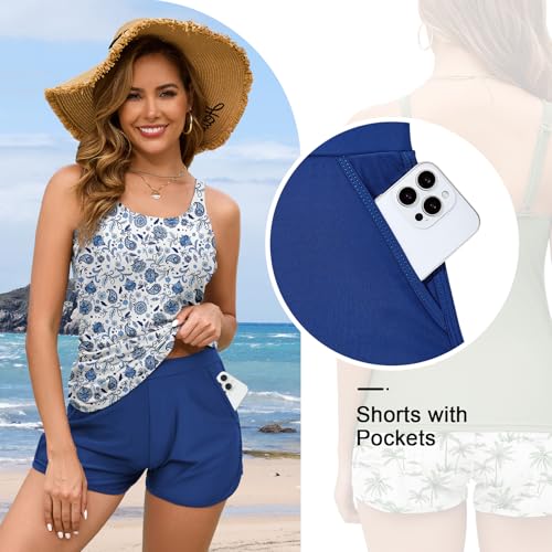 Two Piece Tankini Swimsuits for Women 2026, Tummy Control Bathing Suit with Shorts, Athletic Two Side Pockets Swimwear