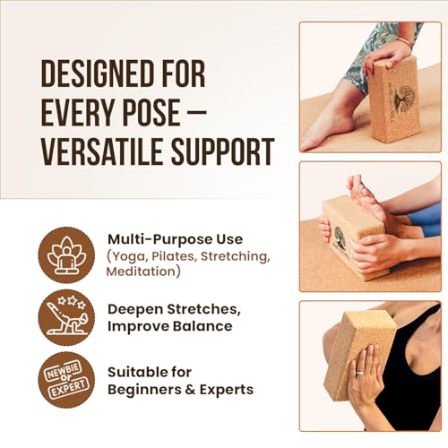 MHW - LIVE WELL Cork Yoga Block – Natural Anti-Slip Yoga Block for Stability & Deepening Poses - 9x6x3 Inches, Single