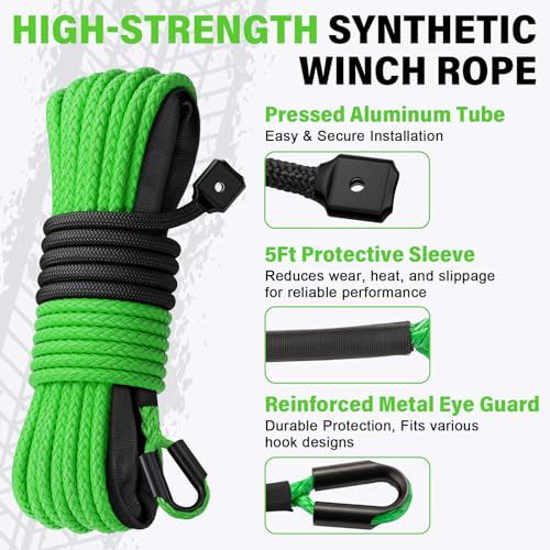 HOKINETY Synthetic Winch Rope Kit - 1/4" x 50' 10000 lbs Kinetic Recovery Cable for ATV UTV Off-Road Vehicles with Forged ...