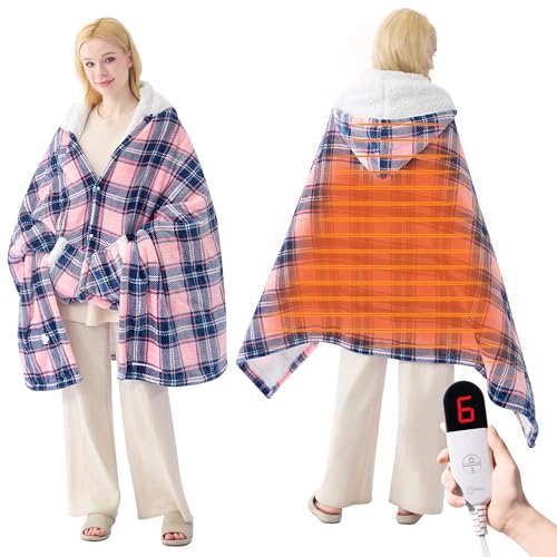 PTQ Electric Blanket Wearable Heated Shawl with Hood & Pockets – 6 Heat Settings, 4H Auto-Off, Flannel & Sherpa Reversibl...