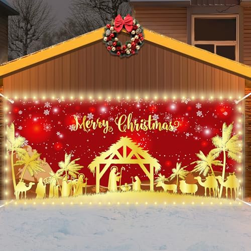 Christmas Garage Door Banner Decorations Red Jesus Christmas Garage Door Cover with LED Lights Large Holy Nativity Religio...