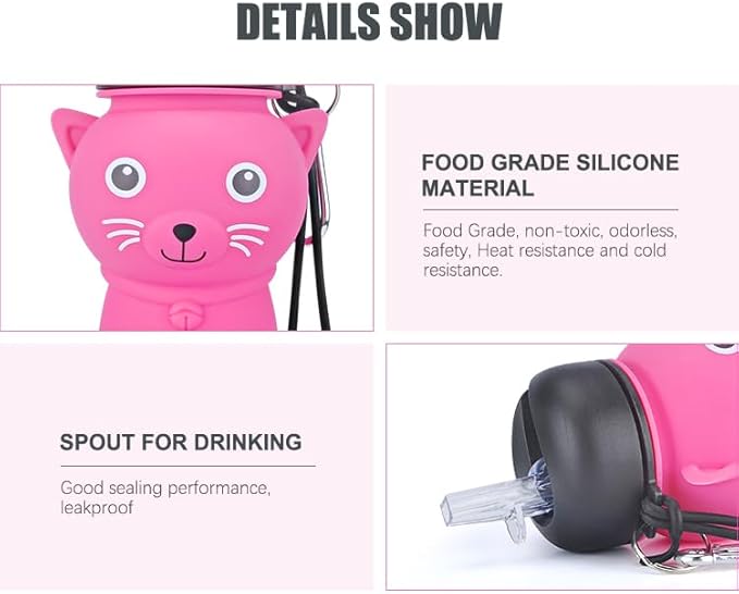 Cat Water Bottle,Collapsible Water Bottle for Kids,Cute Water Bottles -kawaii Cat Appearance - Portable Leak Proof with Roll Up Foldable Silicone Features for Sports，BPA Free (pink)