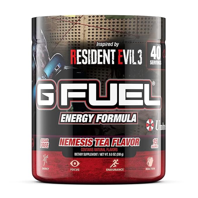G Fuel Resident Evil 3, Nemisis Tea Energy Drink Powder, Pre Workout Caffeine Mix for Gaming, Sugar Free Focus Amino, Vitamin + Antioxidants, 9.9oz (Lemonade Iced Tea, 40 Servings)