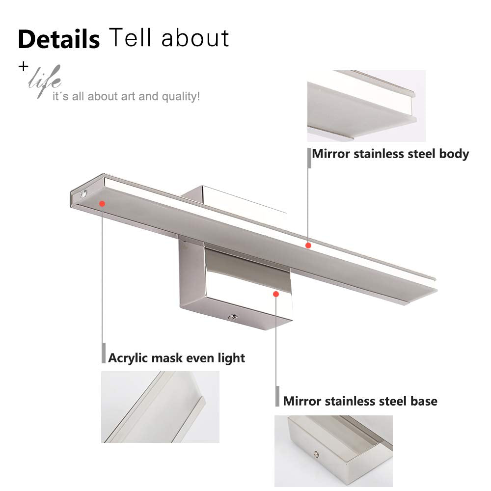 BRIVOLART 16 Inch Chrome LED Vanity Light Bar, 9W Modern Bathroom Fixture, Model 6420, Metal Wall Sconce, Over Mirror Lighting