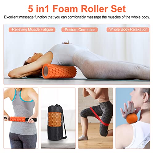 5 in 1 Foam Roller Set: Trigger Point Roller, Yoga Stick, Massage Ball, Fitness Stretching Strap, Carrying Bag, Towel for ...