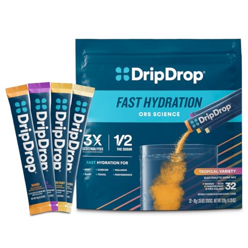 DripDrop Hydration Packets - Tropical Variety Pack - Single Serve Electrolytes Powder Drink Mix - Mango, Açaí, Passion Fru...