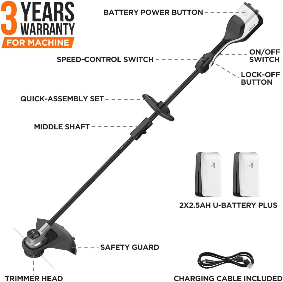 Litheli 2x20V 14" Brushless Cordless String Trimmer, Battery Powered Weed Eater, U20 Series Grass Trimmer with 2.5Ah Battery, Dual Line Bump Feed for Lawn Trimming, Lawn Care
