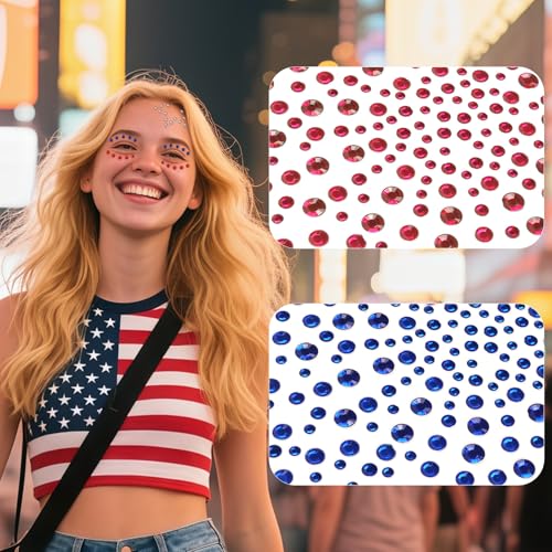 4th of July Face Gems with Tweezers Red White and Blue Tattoos Accessories Self-Adhesive Jewels Stickers for Women Girls 4...