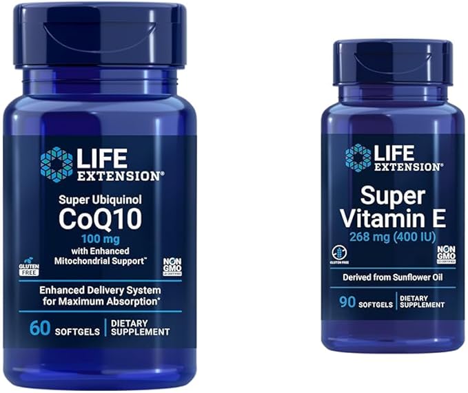 Life Extension Super Ubiquinol CoQ10 Heart Health Cellular Energy 60 Softgels and Super Vitamin E 268mg Immune & Brain Health 90 Softgels Bundle