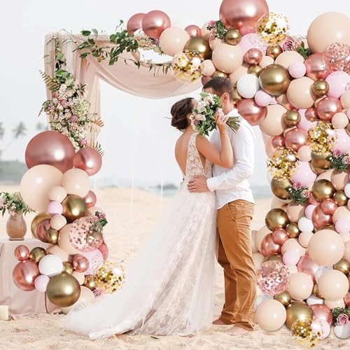 Rose Gold Balloon Garland Kit, Nude Pastel Pink Metallic Gold Matte White Balloons Gold and Rose Gold Confetti Balloons fo...