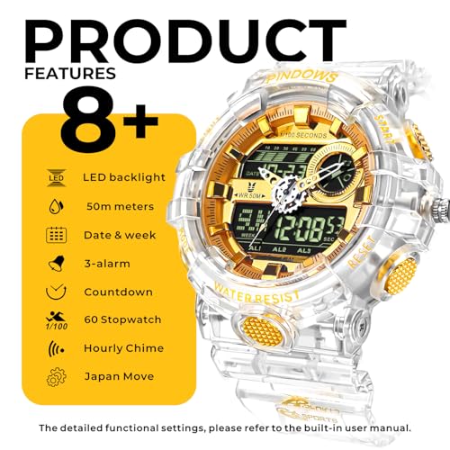 PINDOWS Watches for Men, Transparent Gold Analog Digital Dual Time 50M Waterproof, LED Backlight Multifunctional with Alar...