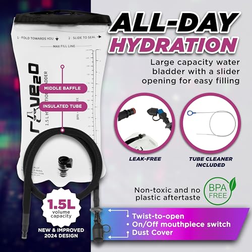 Rave2o Rave Hydration Backpack – Anti-Theft Festival Hydration Pack with 1.5L Leakproof TPU Bladder – Slim, Insulated Wate...