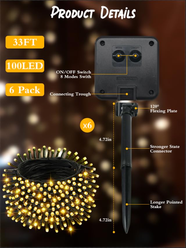 6 Pack Christmas Solar String Lights Outdoor Waterproof  198Ft 600 Led Green Wire Solar Fairy Lights With 8 Modes  Solar Twinkle Lights For Garden Tree Patio Fence Christmas Decorations (Warm White)