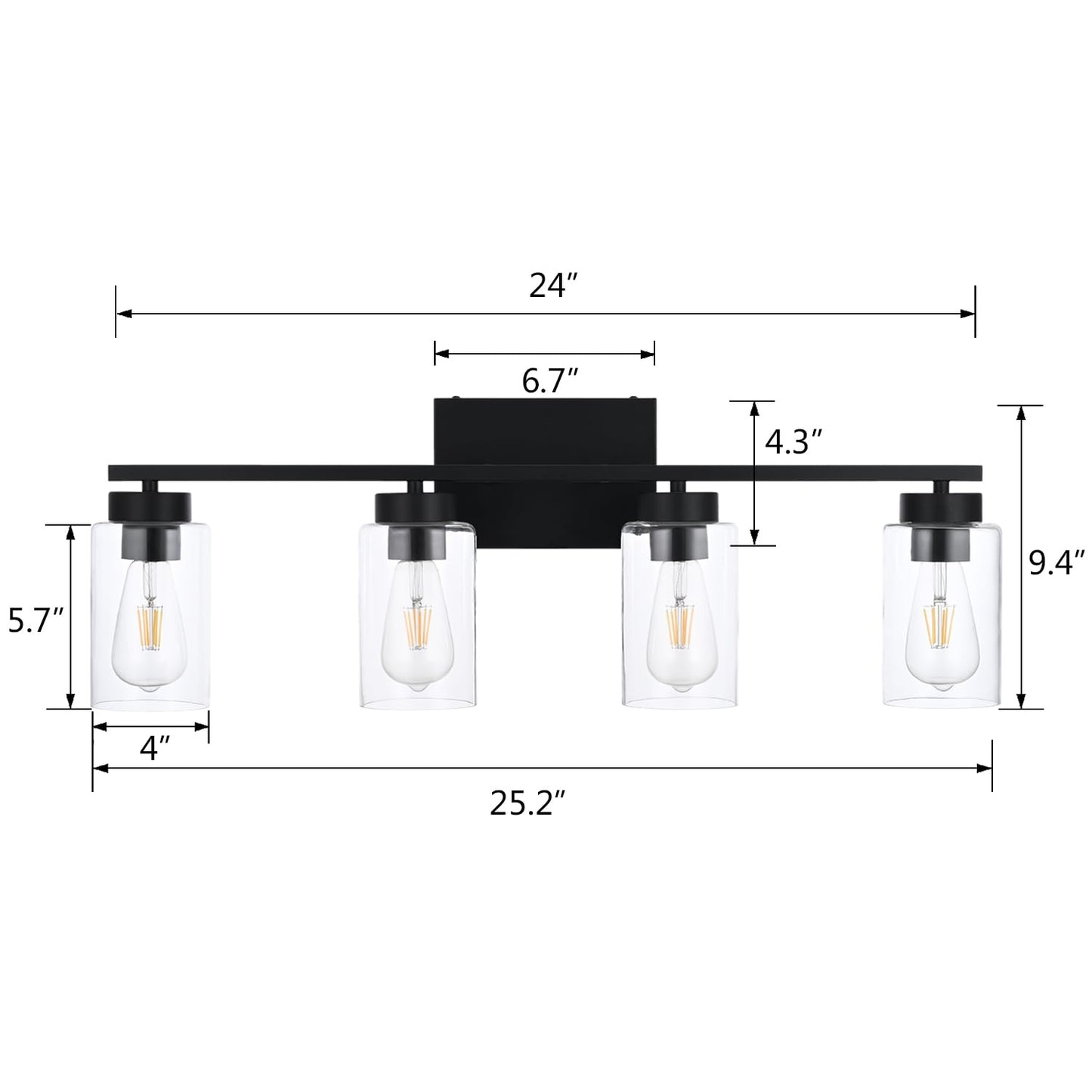 A1A9 4 Light Bathroom Vanity Light Fixtures, Matte Black, Clear Glass Shade, Model NF-22405BK