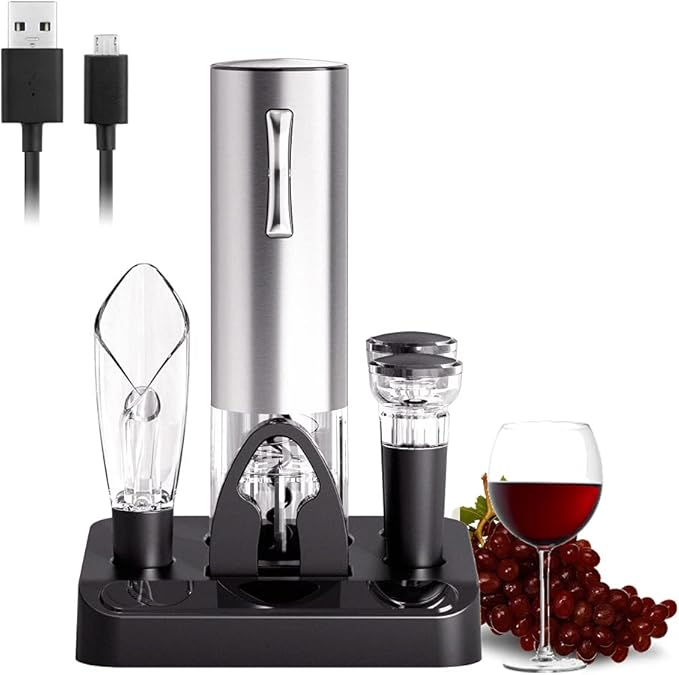 COKUNST Electric Wine Opener Set with Stand, USB Charging Corkscrew Remover, One-click Button Rechargeable Cordless Bottle Openers with Wine Pourer, Vacuum Stoppers, Foil Cutter for Home Party Wedding
