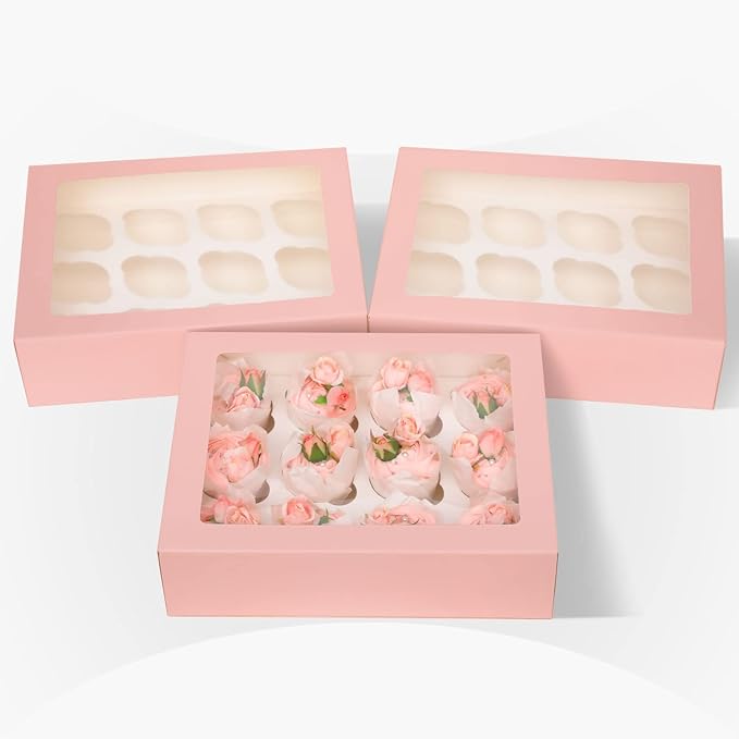 Bakepacker 12 Cupcake Containers 20-Packs Pink Cupcake Box Cupcakes Carrier, 12 Cupcake Boxes with Window 13"x10"x3.5"（Auto-pop up）