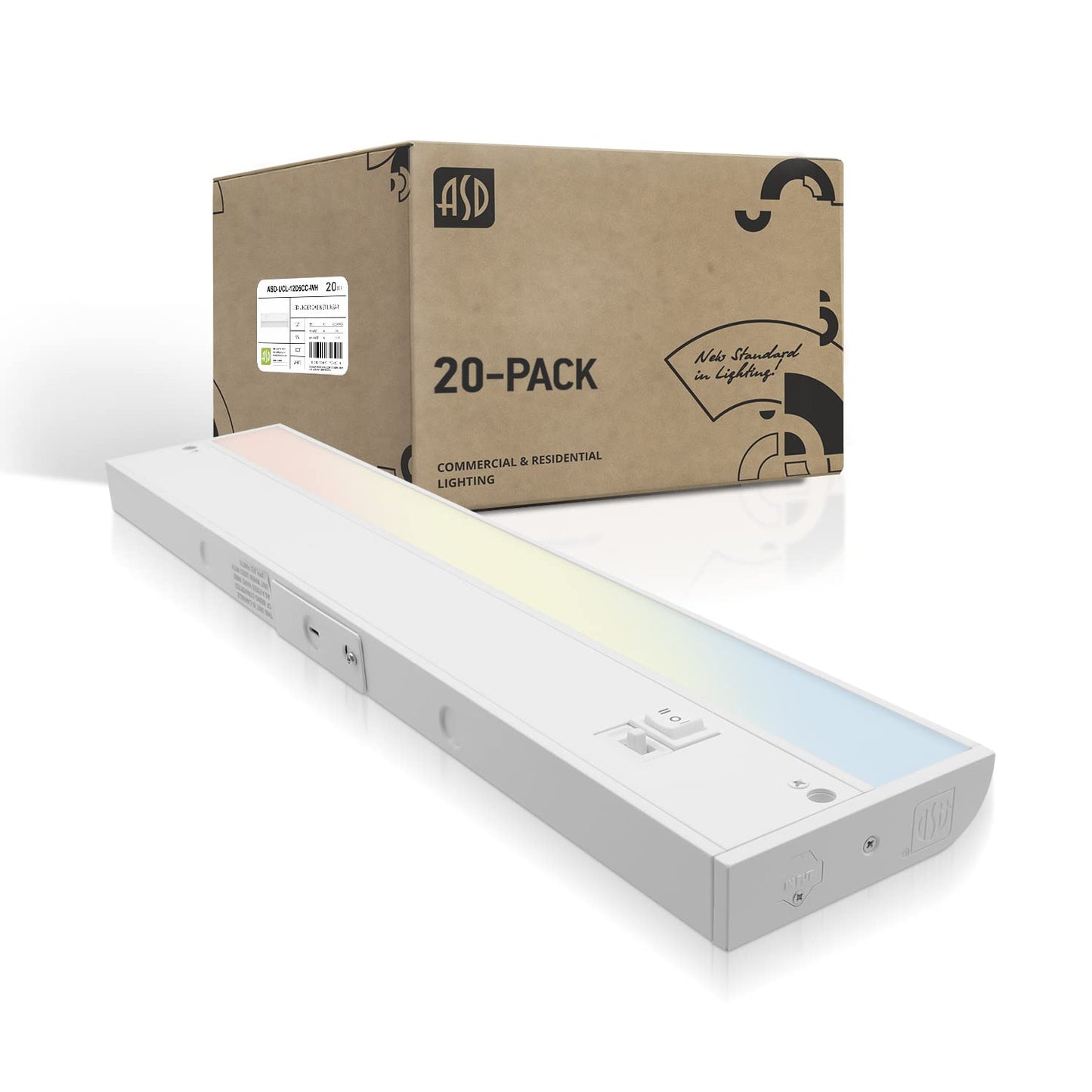Asd Led Under Cabinet Lighting, 12 Inch, Dimmable, Hardwired/Plug-In, 3 Color Levels, 20-Pack, Energy Star, White