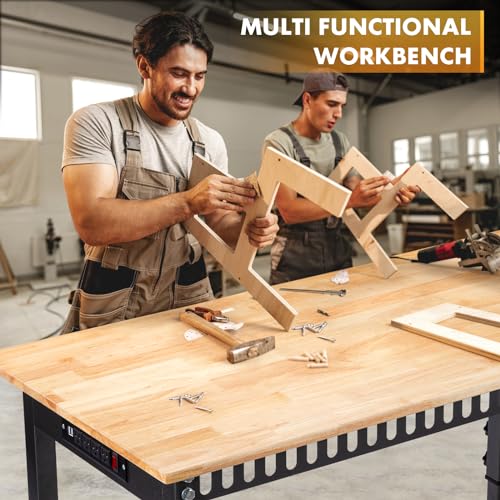 GVGBUK 48" Height Adjustable Workbench, 2000 LBS Load Capacity Rubber Wood Top Workstation, Heavy-Duty Hardwood Worktable ...