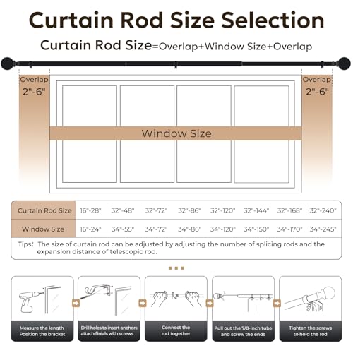 Zeerobee Curtain Rods for Windows 48 to 84, 1 Inch Adjustable Heavy Duty Black Curtain Rod, Outdoor Indoor Room Divider Mo...