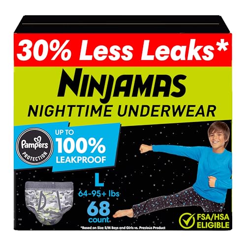 Ninjamas Boys Bedwetting Nighttime Underwear, Size L Pull Ups for Boys (64-95+ lbs), 68 Count, Training Pants, Overnight U...