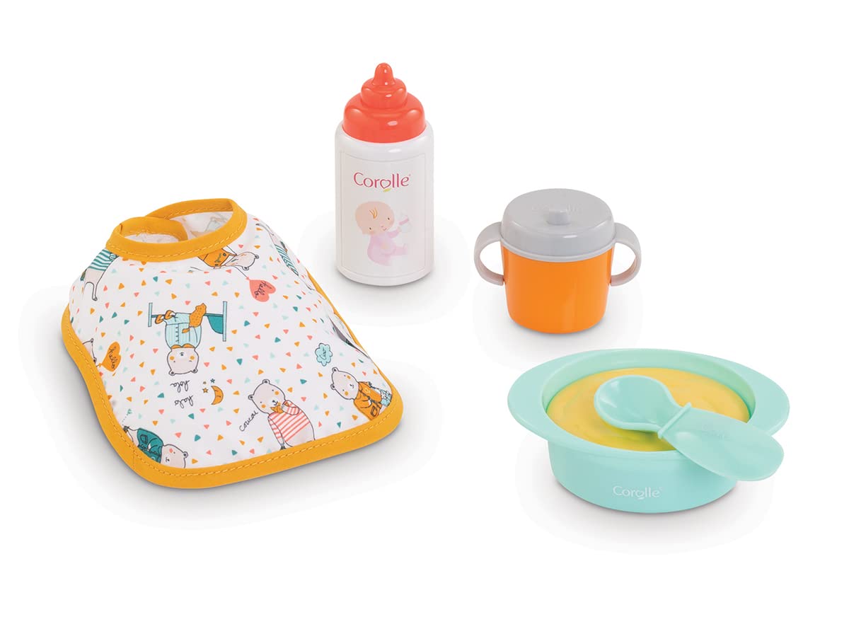 Corolle Mon Premier Poupon Mealtime Set - 5-Piece Accessory Set Includes Feeding Bottle, Cup, Bib, Feeding Dish & Spoon, fits 12'' Baby Dolls, for Kids Ages 18 Months & up, Blue, Orange, Yellow