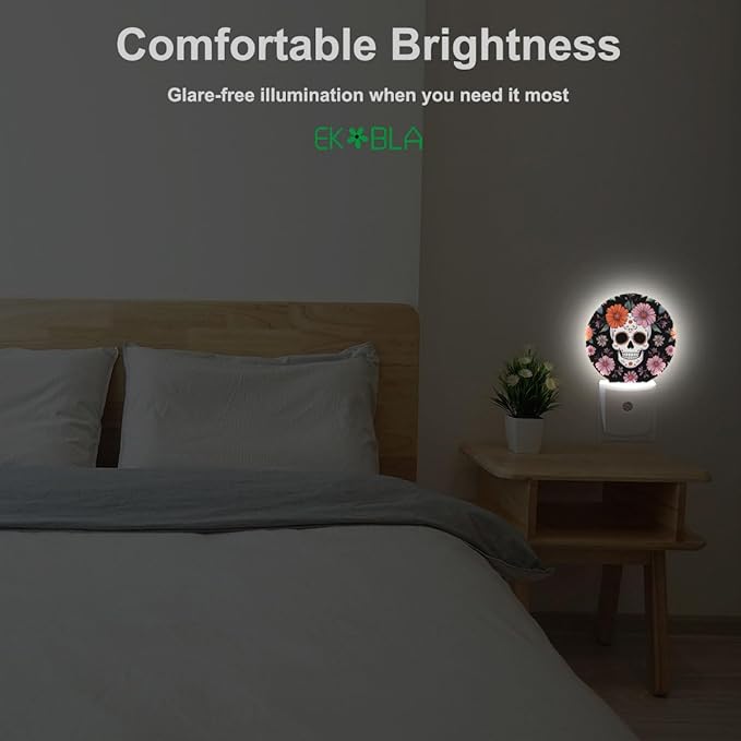 EKOBLA Floral Skull Night Lights Plug into Wall Skeleton with Flowers LED Dusk to Dawn Plug-in Nightlights Auto Sensor for Men Women Boys Girls Home Indoor Bathroom Hallway Kitchen