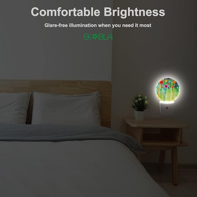 EKOBLA Green Floral LED Night Light Watercolor Wildflowers Spring Summer Green Flowers Dusk to Dawn Plug-in Nightlights Auto Sensor for Home Indoor Bathroom Hallway Kitchen