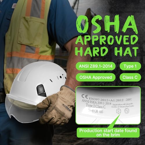 AOLAMEGS Construction Safety Hard Hat with Visor-ANSI Z89.1 OSHA Approved Construction Safety Helmet,Vented White Hard Hat...