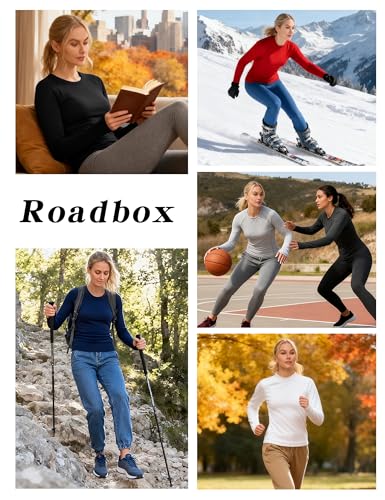 Roadbox Women Thermal Shirts, Warm Long Sleeve Fleece Lined Underwear Tops, Winter Ski Workout Base Layer for Cold Weather