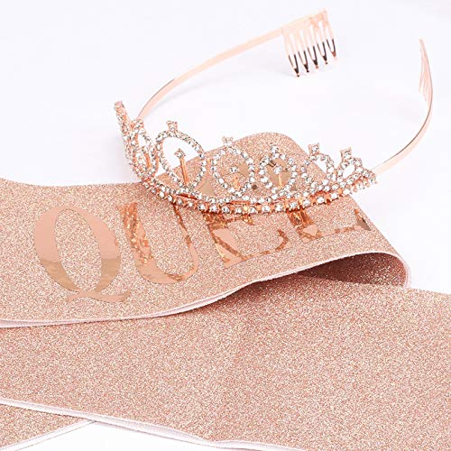 CAVETEE Birthday Crown and Sash for Women - Rose Gold Rhinestone Tiara Set and Sash for Decorations