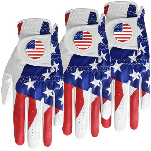 Amy Sport Golf Gloves Men Right Handed Golfer Left Hand Leather with Ball Marker Value 3 Pack, Color Leather Glove All Wea...