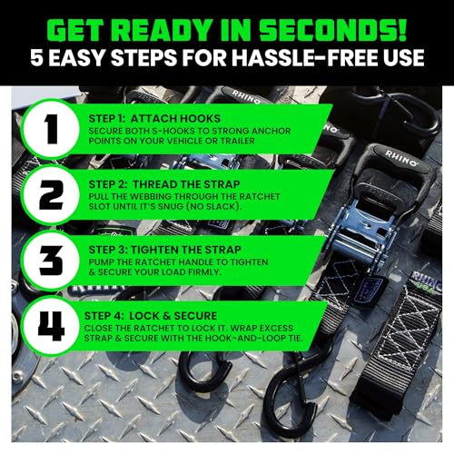 RHINO USA Ratchet Straps Tie Down Kit, 5,208 Break Strength - Includes Heavy Duty Rachet Tiedowns with Padded Handles & Co...