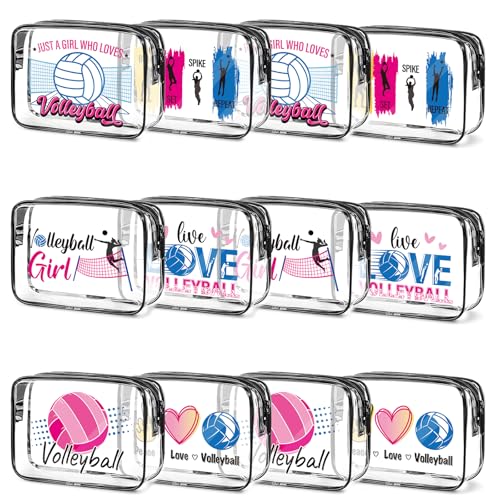 Falueqg Volleyball Gifts Makeup Bags - 12Pcs Volleyball PVC Clear Cosmetic Bags, Volley Ball Themed Sports Waterproof Chee...