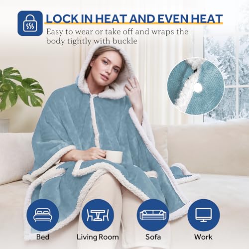 Sealy Heated Throw Wearable Shawl Wrap with Pockets, Reversible Flannel to Sherpa Electric Blanket Hoodie Poncho with 6 He...