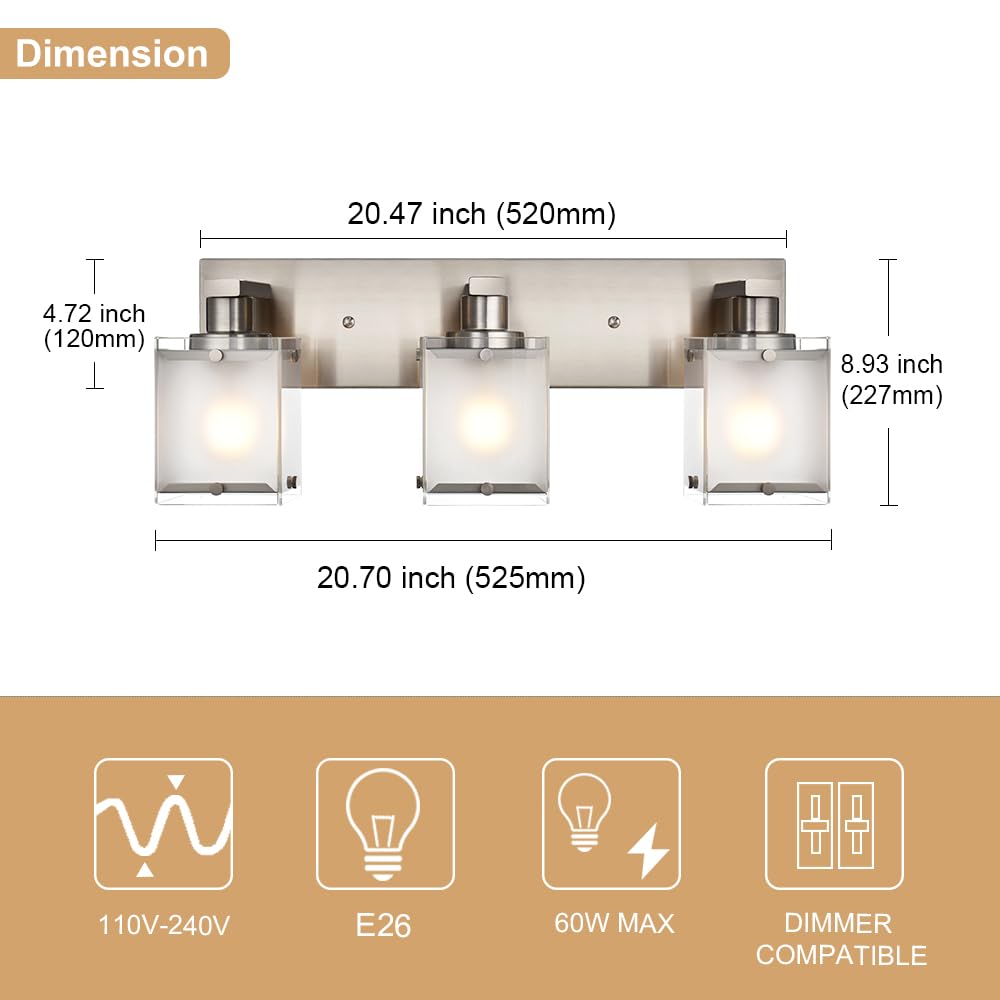 Winshen Modern 3-Lights Brushed Nickel Vanity Lights  Bathroom Light Fixture Over Mirror Wall Lighting Sconces With Frosted Glass Shades  E26 Bulb Base