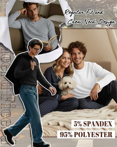 Ficerd 3 Pack Men's Waffle Long Sleeve Shirts, Crew Neck Thermal Underwear Tops Casual Pullover Sweaters Knit Undershirts