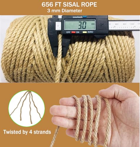 Sisal Rope for Cat Scratcher,Rope for Cat Scratch Post 3mm 656Ft Jute Twine for Scratching Post Repairing, Recovering or DIY
